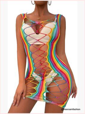 Fishnet Lingerie Dress Chemise Babydoll One Size Stretchy Mesh See Through